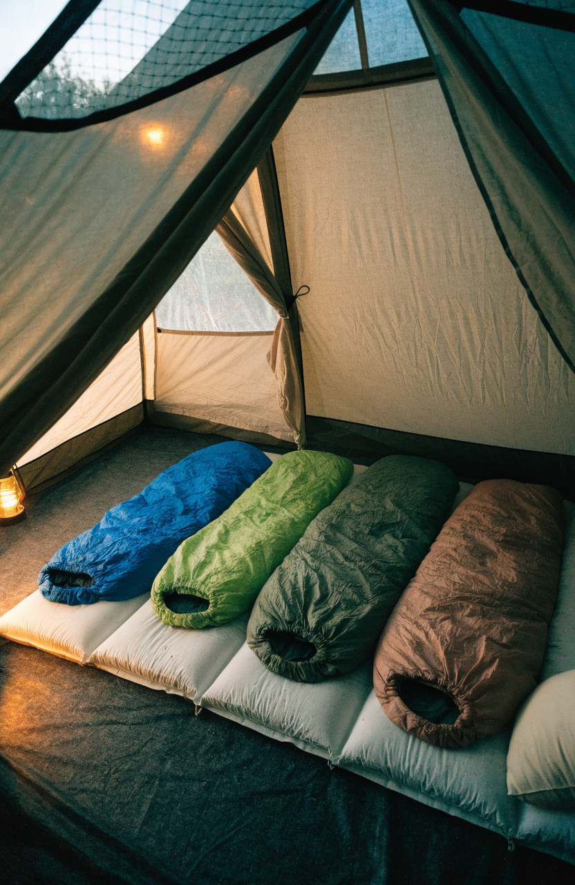 Inside family tent with sleeping pads and sleeping bags laid out