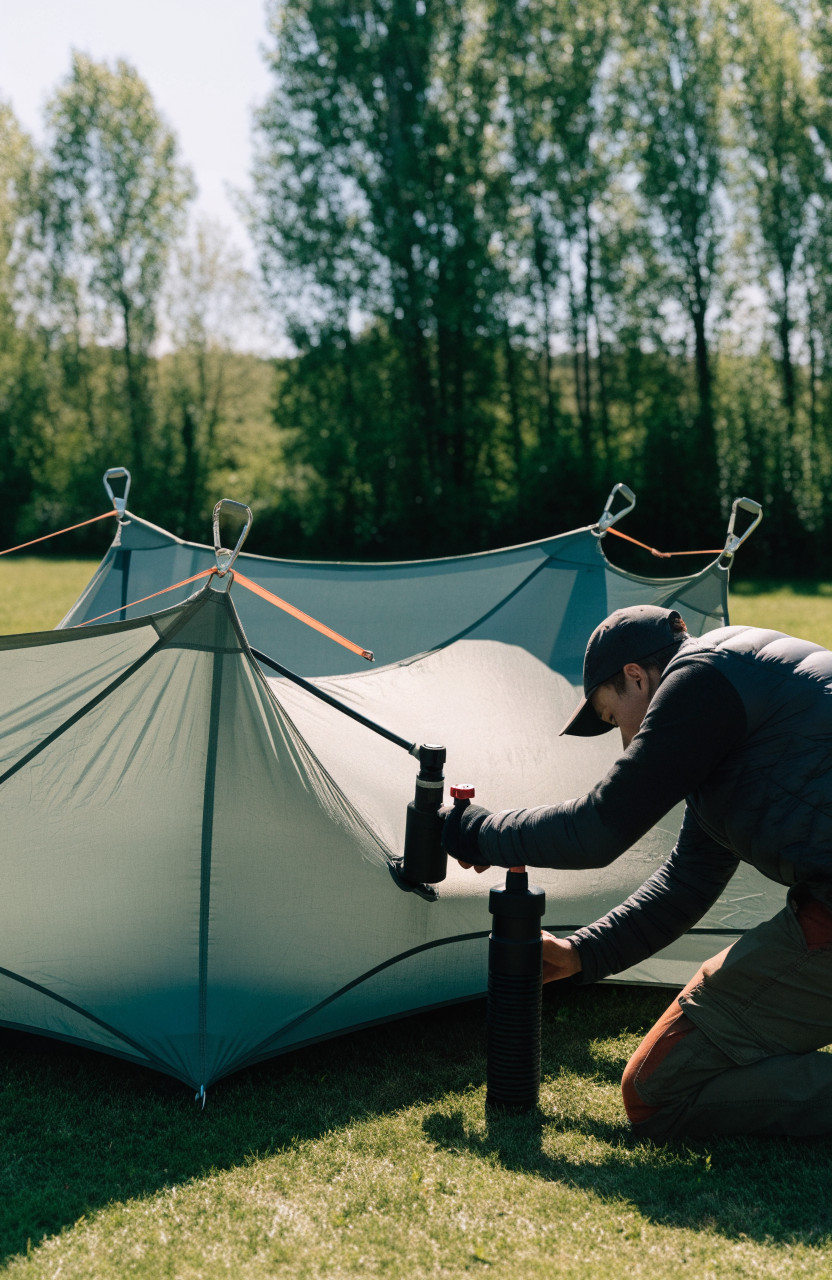 Camper pumping up flat pegged inflatable tent on grassy campsite