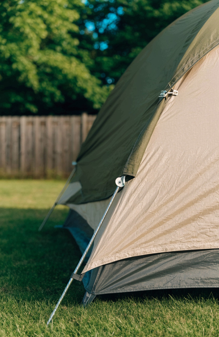 Backyard dome tent with rainfly, tucked groundsheet and angled corner stake