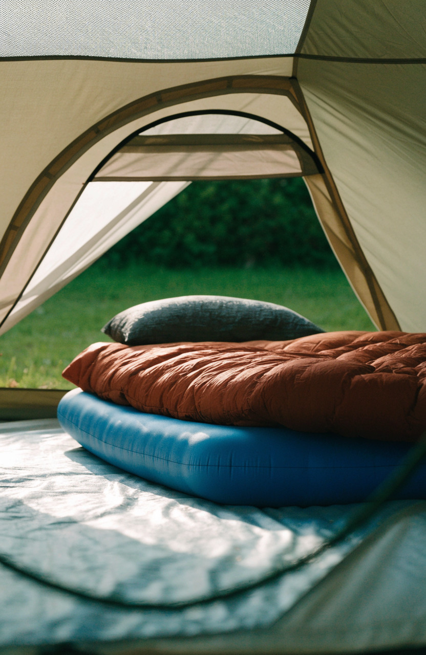 Tent interior with foam pad, sleeping bag and pillow layered on floor