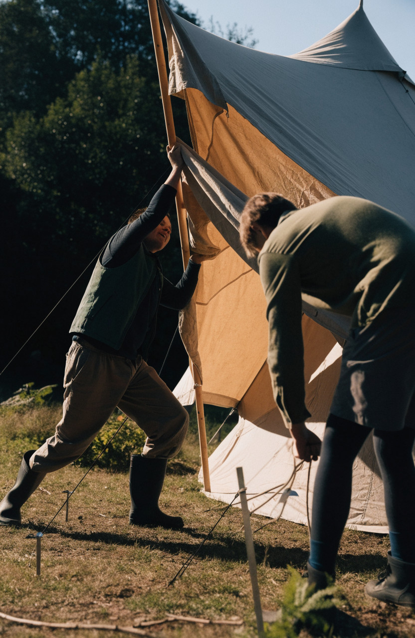 Two campers pitching a bell tent with guy lines and pegs