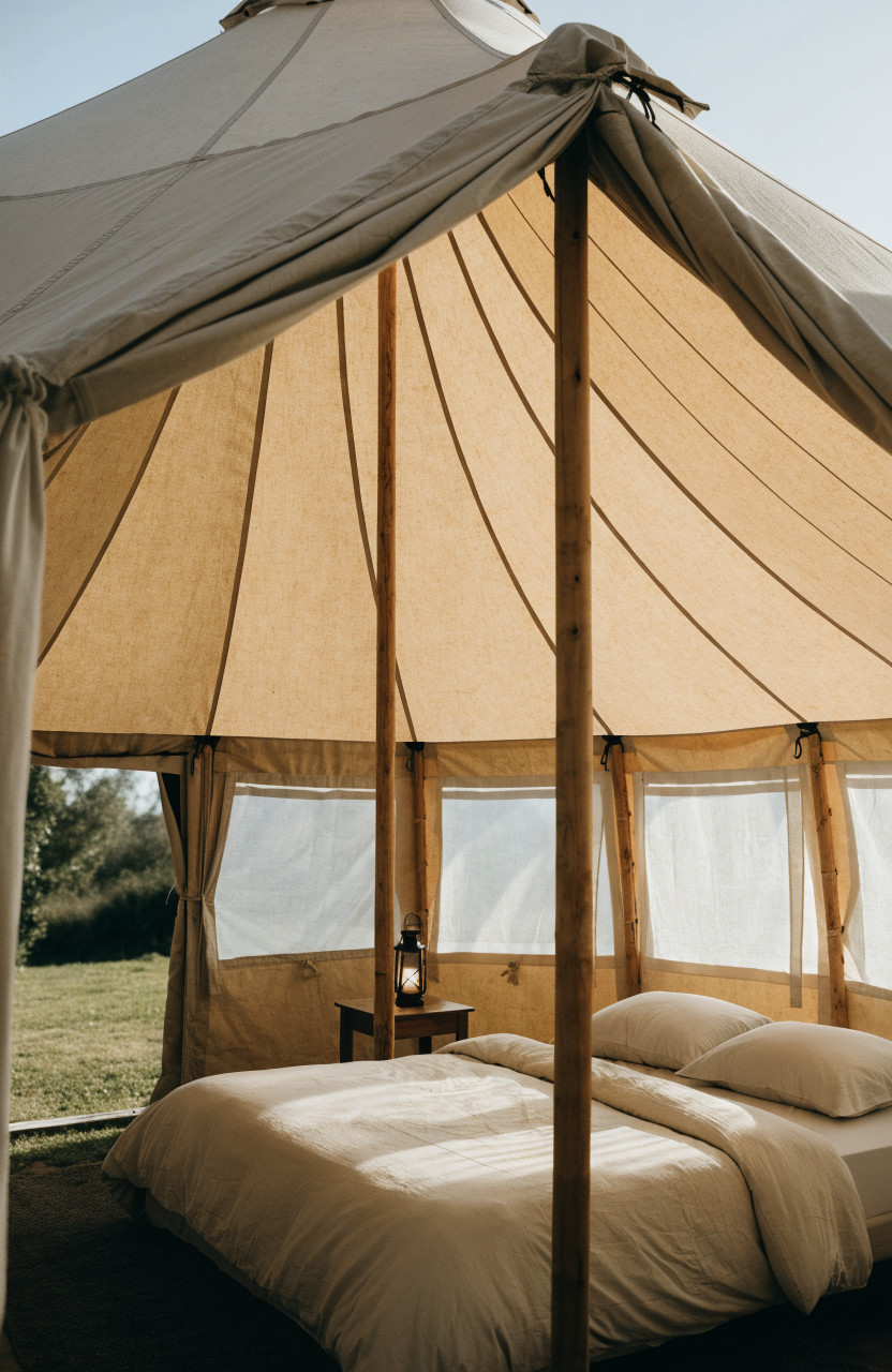 Bell tent interior with bed beside center pole and small table