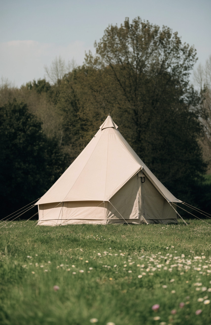 Beige canvas bell tent with cone shape staked on grassy field