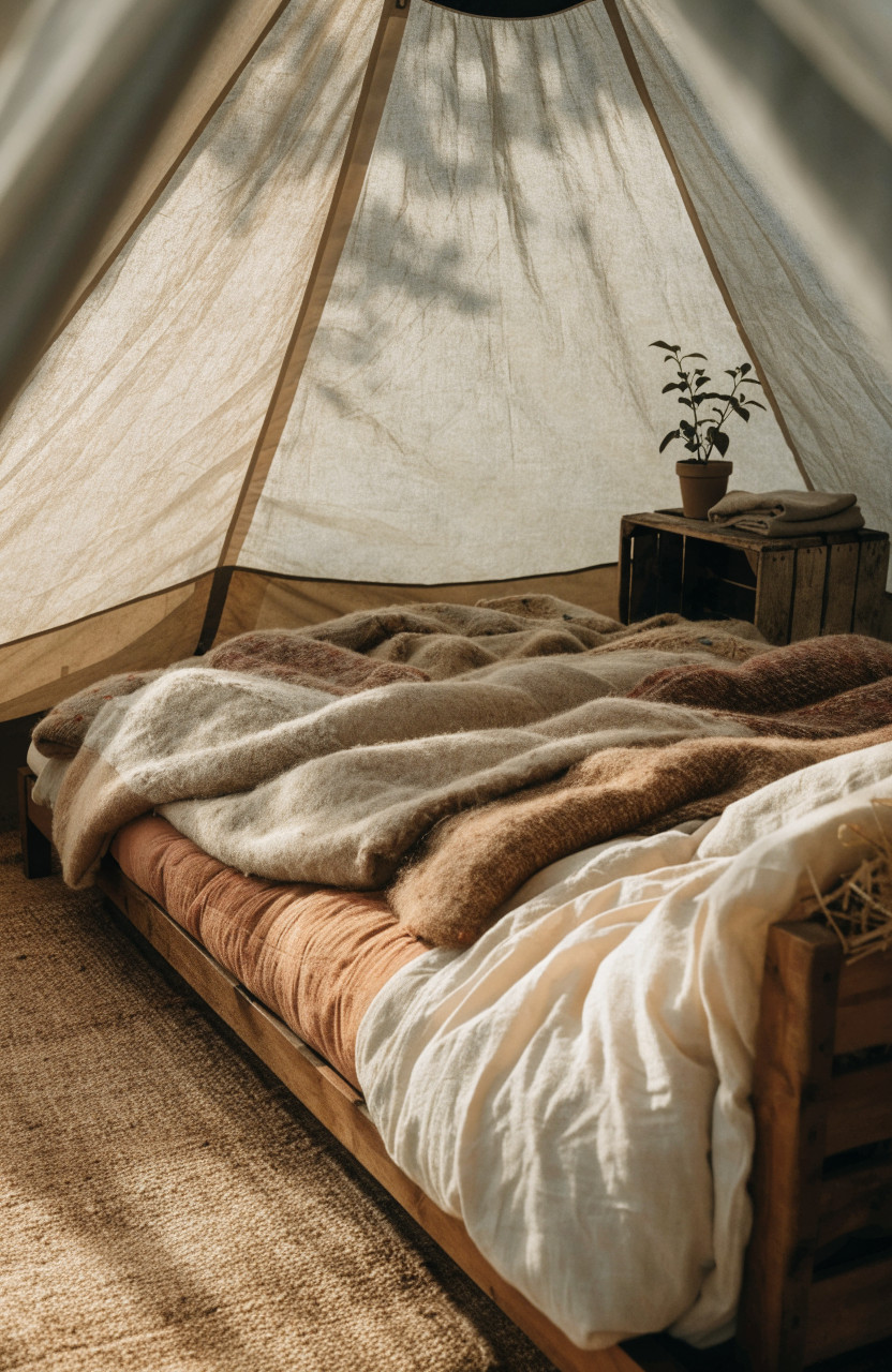Earth-tone bell tent bed with cream and terracotta layered blankets