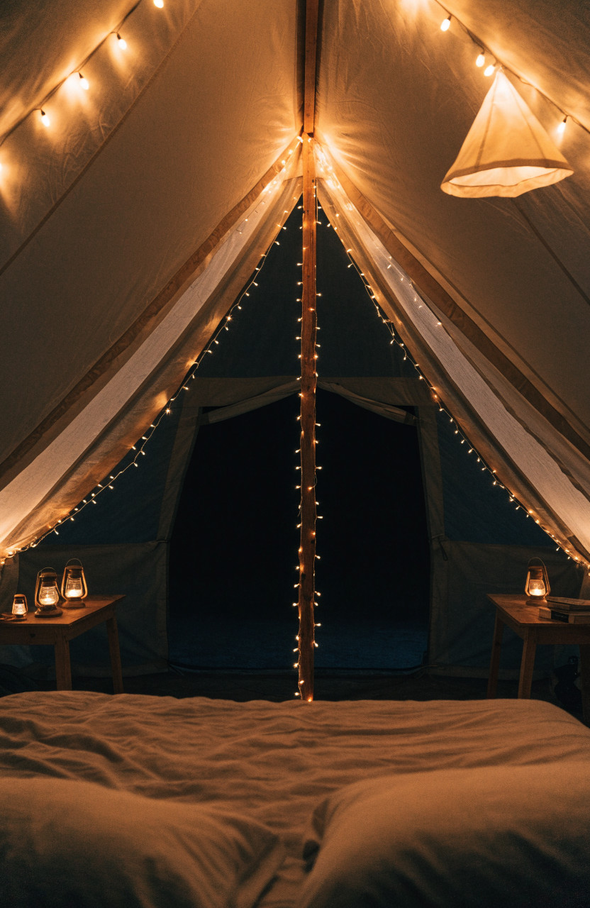 Bell tent interior at night lit by warm string lights and lanterns