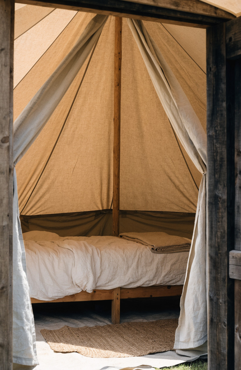 Low bed opposite open bell tent door with clear centre pole