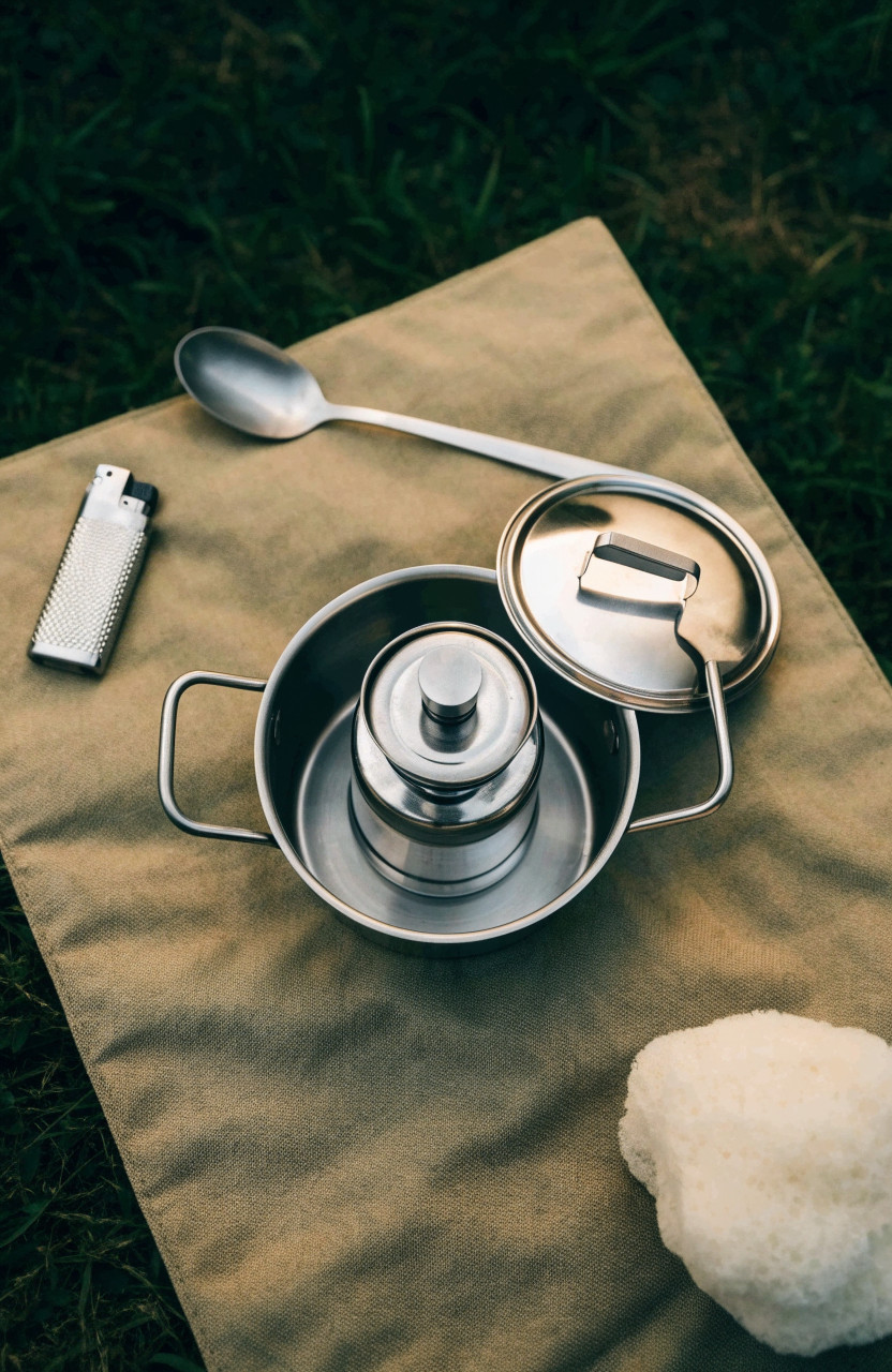 Compact bike camping cook kit with pot, stove, lid and spoon laid out
