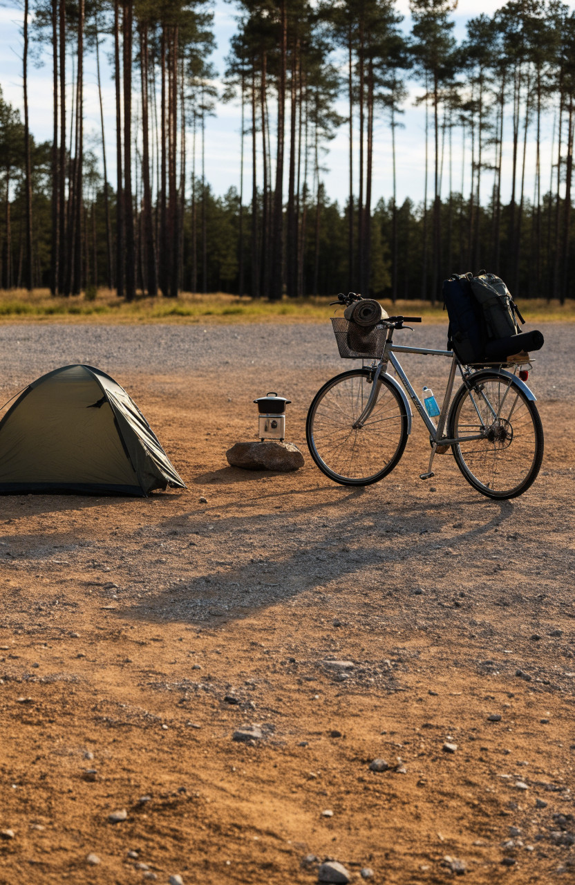Tent with separate outdoor cooking area and bicycle used as windbreak