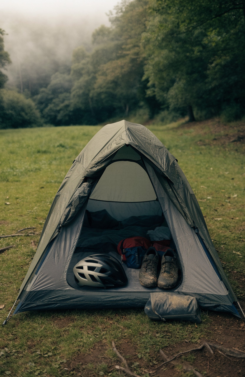 Tent vestibule holding helmet, shoes, panniers and dry bag at campsite