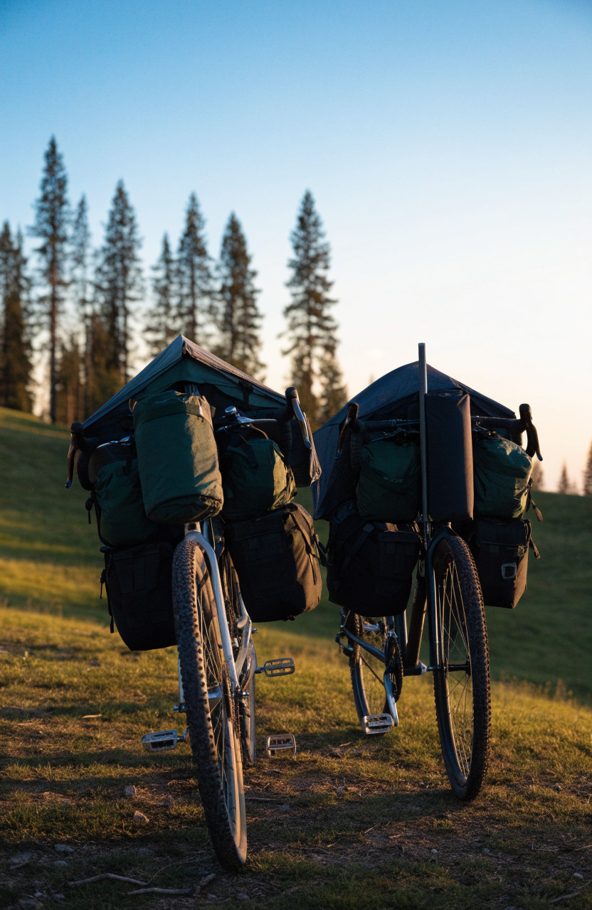 Two loaded touring bikes with tent packed on handlebars and bags
