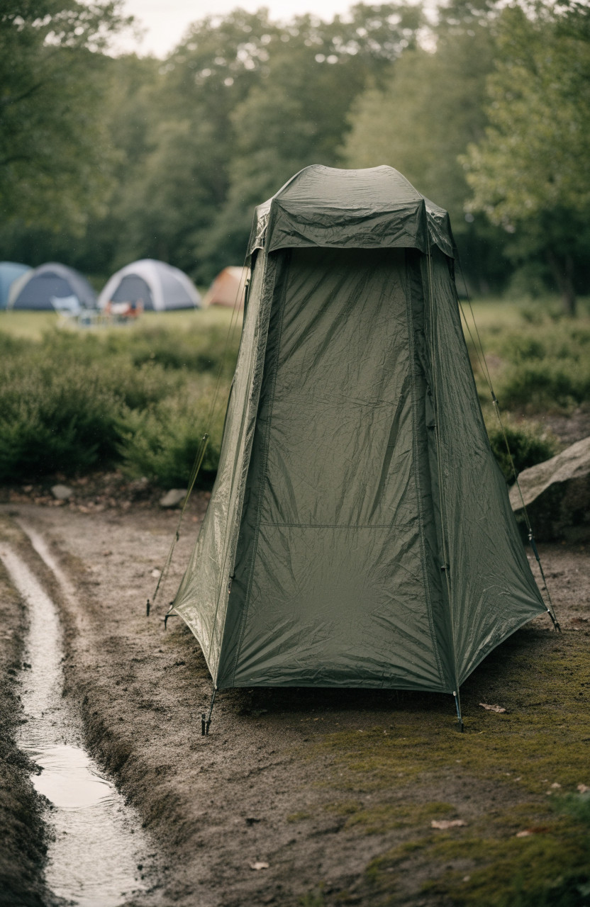 Tall green shower tent staked with guylines on sloped grass, door away from camp