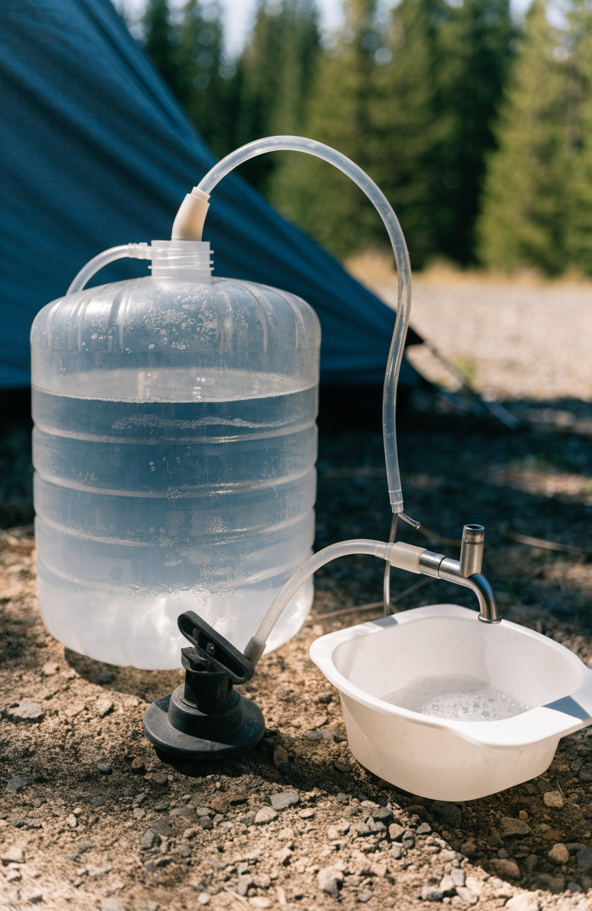 Foot pump with tubing connecting water jug to spout over wash basin