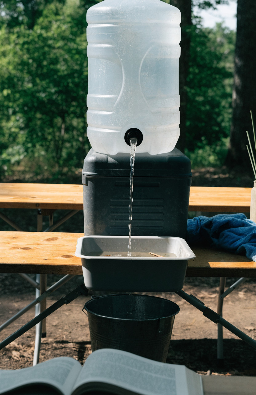 Water jug with spigot on cooler above wash basin with bucket below at campsite