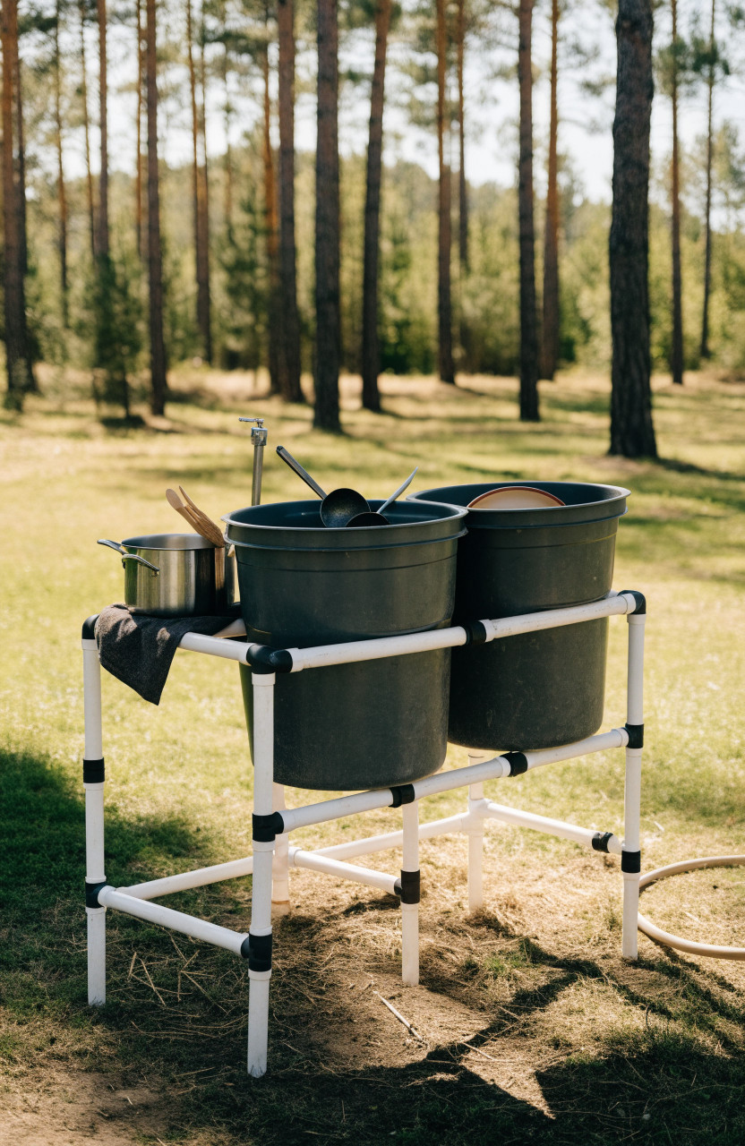 PVC frame holding two wash tubs at standing height at a campsite