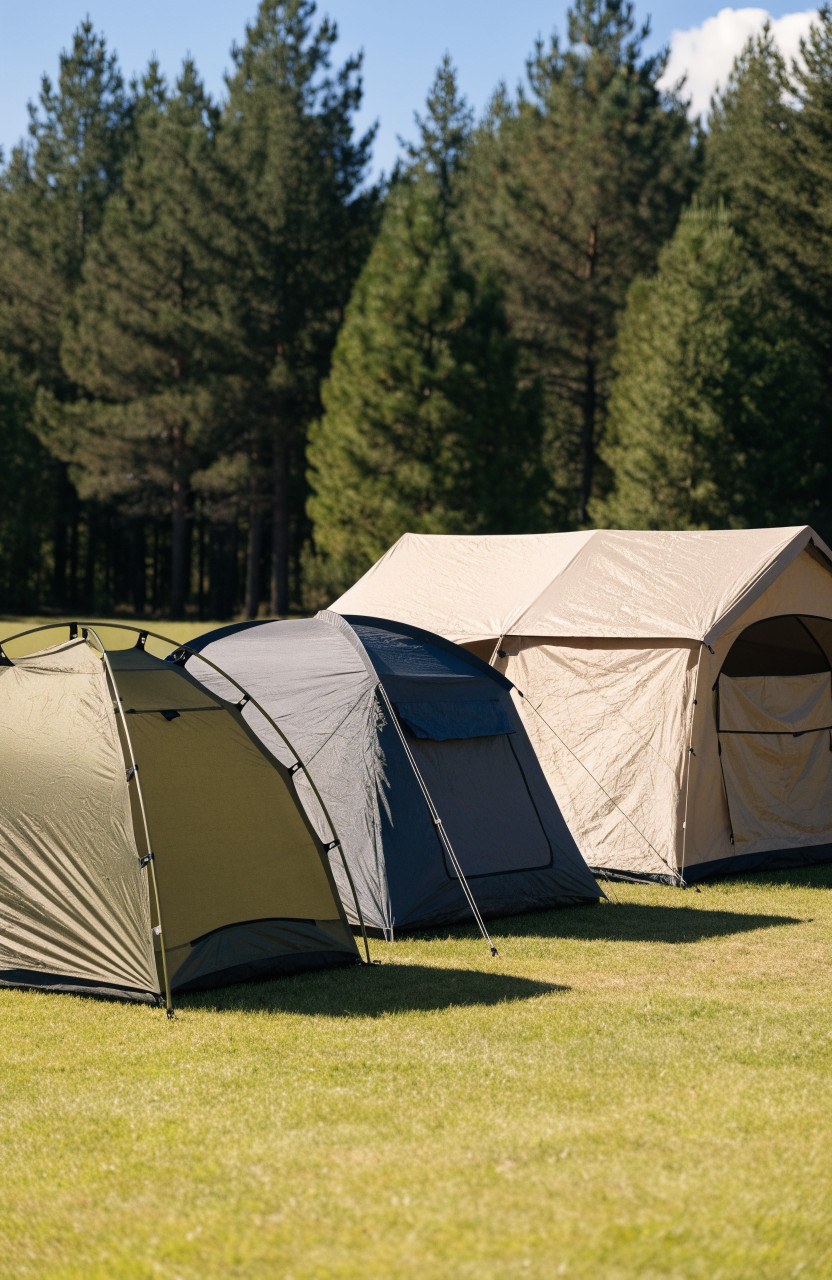 Three camping privacy tents side by side on grass at a campsite