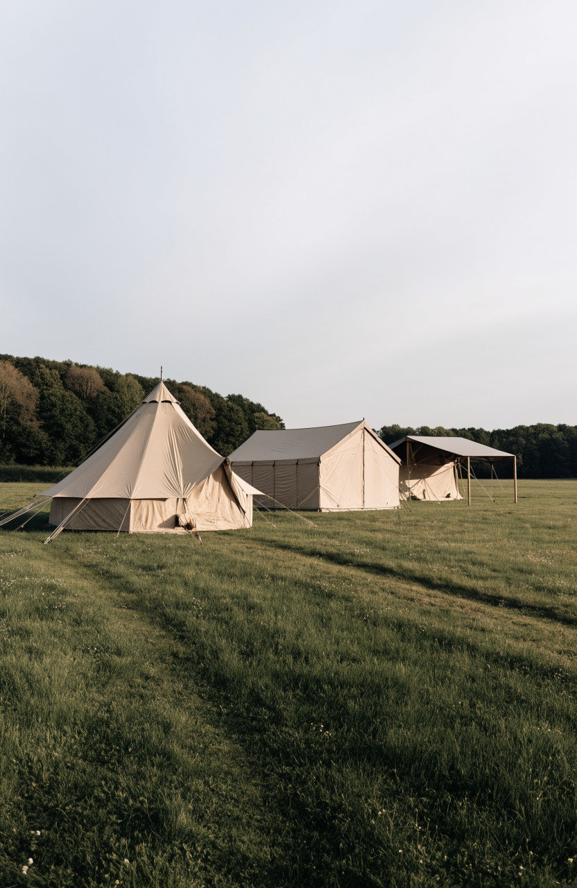 Three beige canvas tents with different shapes on a grassy field