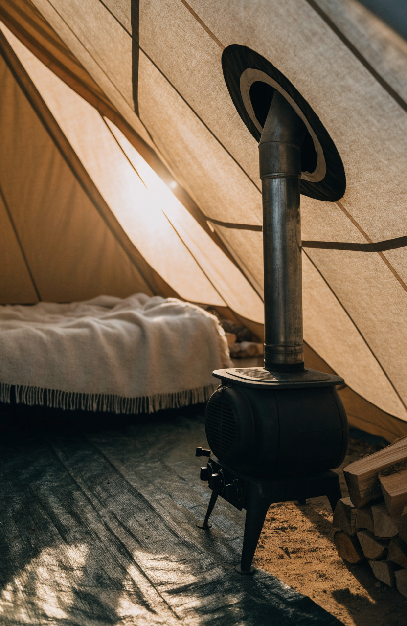 Wood stove with flue pipe inside a canvas tent near a bed