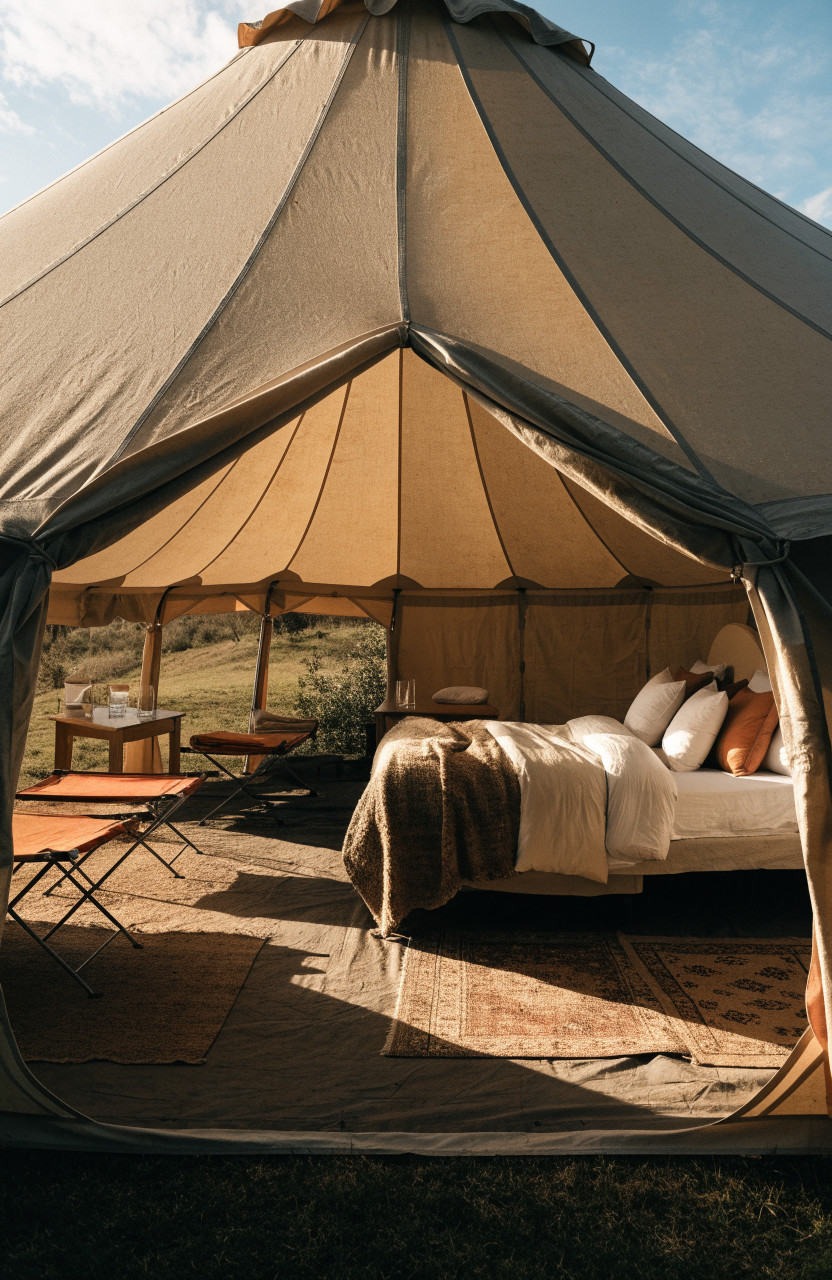 Furnished bell tent interior with queen bed, cots and wooden table