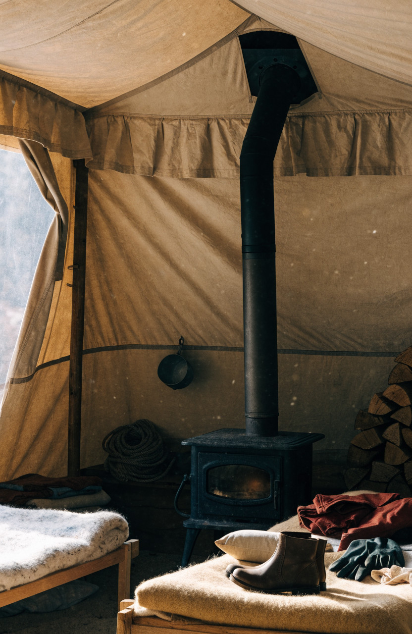 Inside a canvas wall tent with a wood stove and pipe in winter