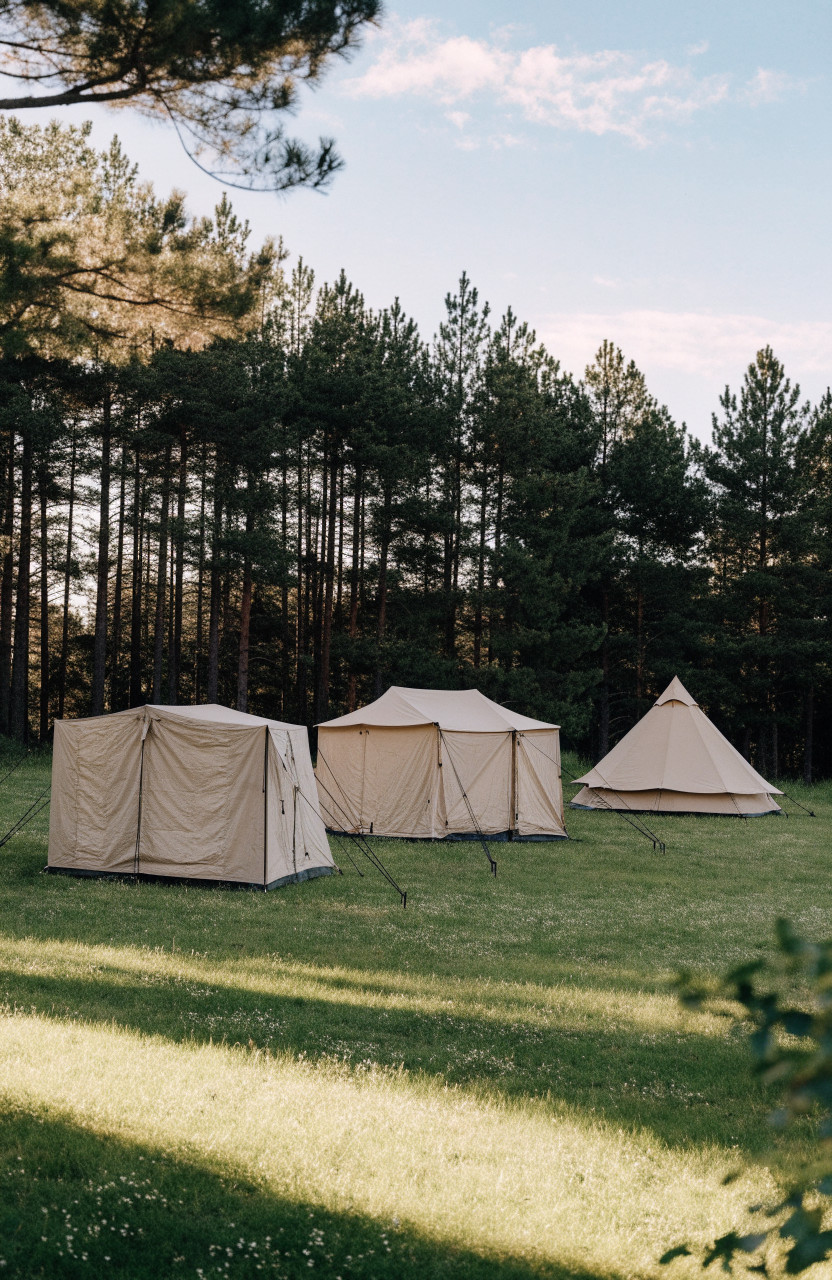 Three beige canvas tents in cabin, wall, and bell shapes on grass