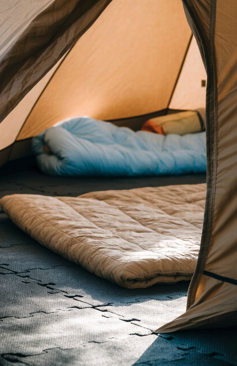 Tent floor layered with foam tiles and a quilted blanket rug