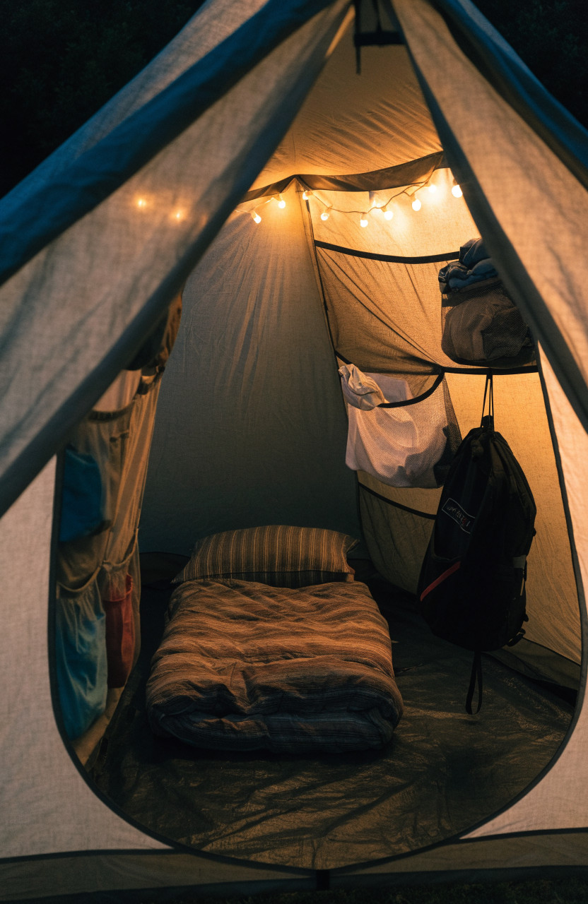 Tent interior at night with warm string lights and gear stored off floor