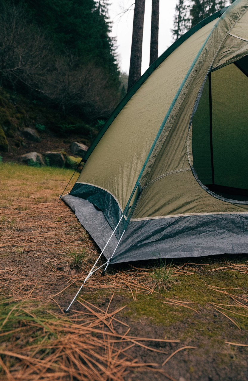 Dome tent with tucked groundsheet and taut staked corners on forest ground
