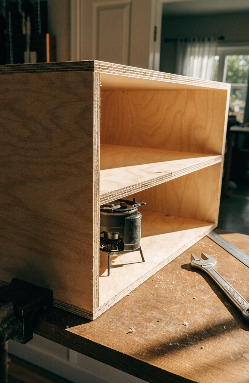 Plywood camp kitchen box being assembled around stove in workshop