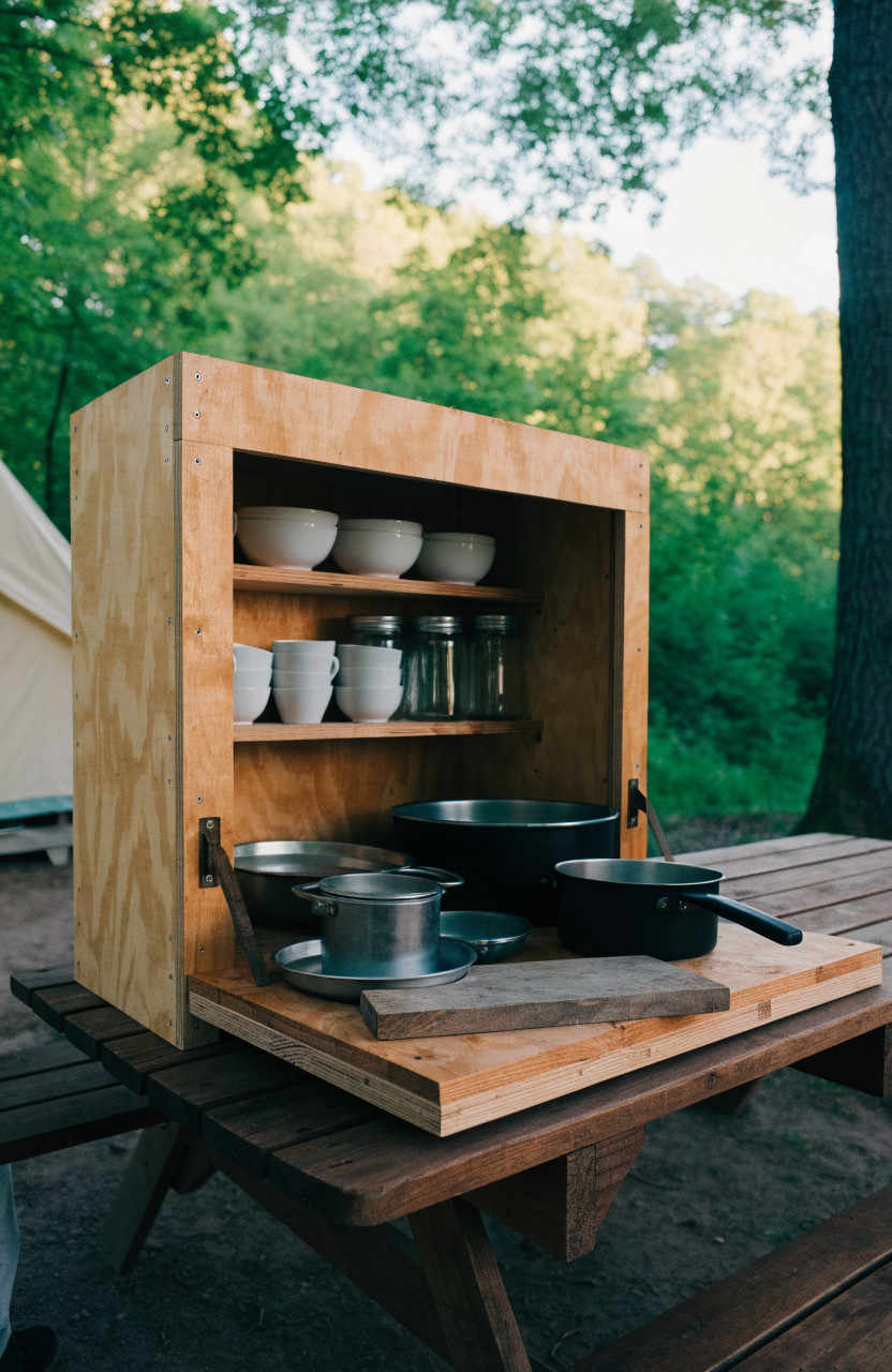 Open plywood chuck box on picnic table with drop-down counter and shelves