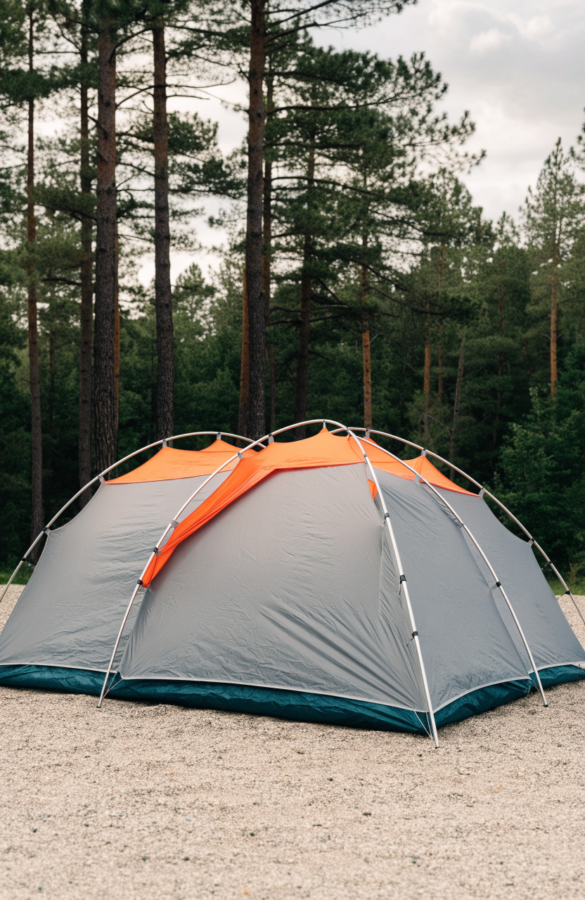 Gray dome tent on tucked footprint with arched poles on gravel pad