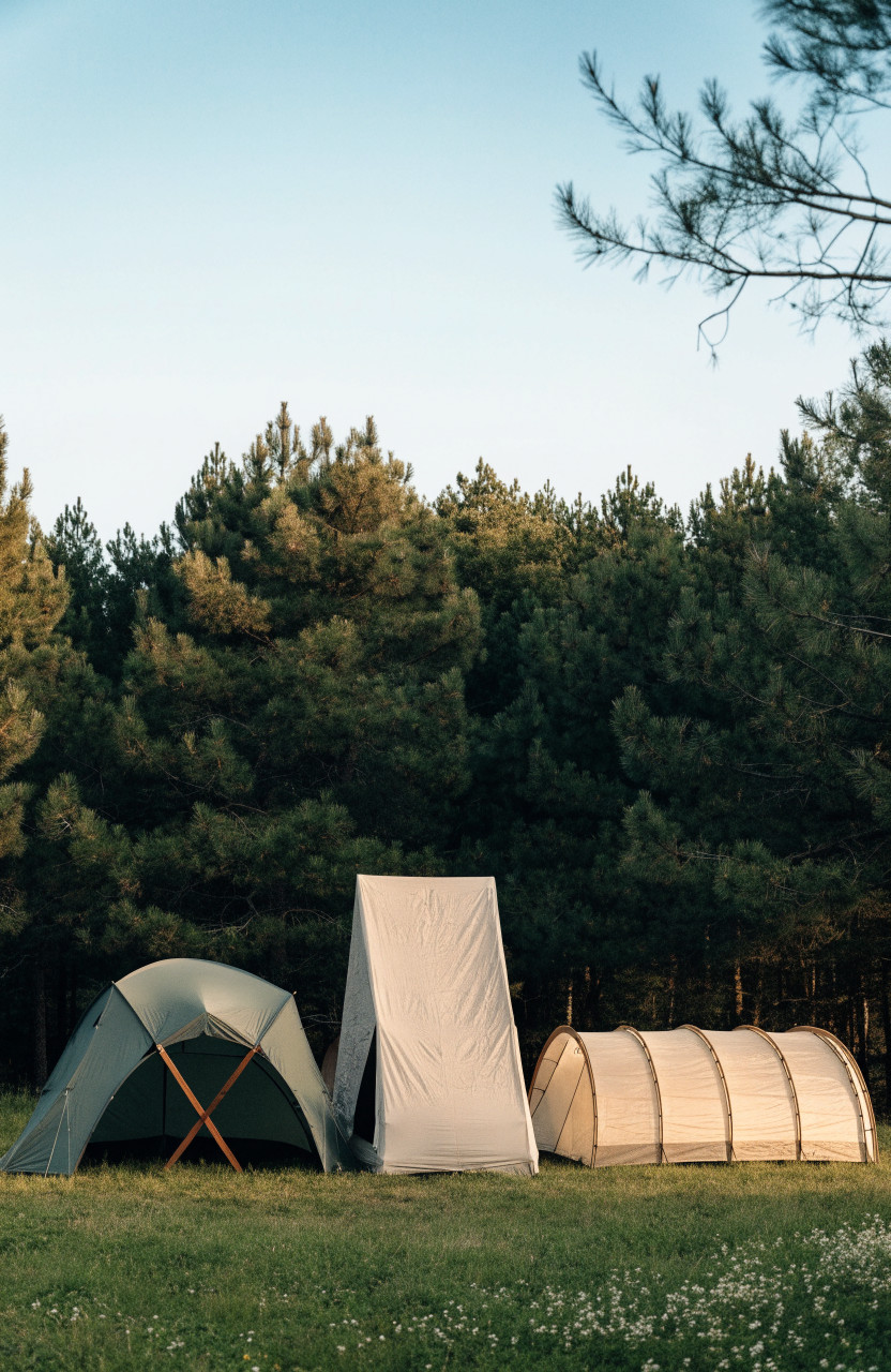 Three tents side by side in a campground showing dome, cabin, and tunnel shapes