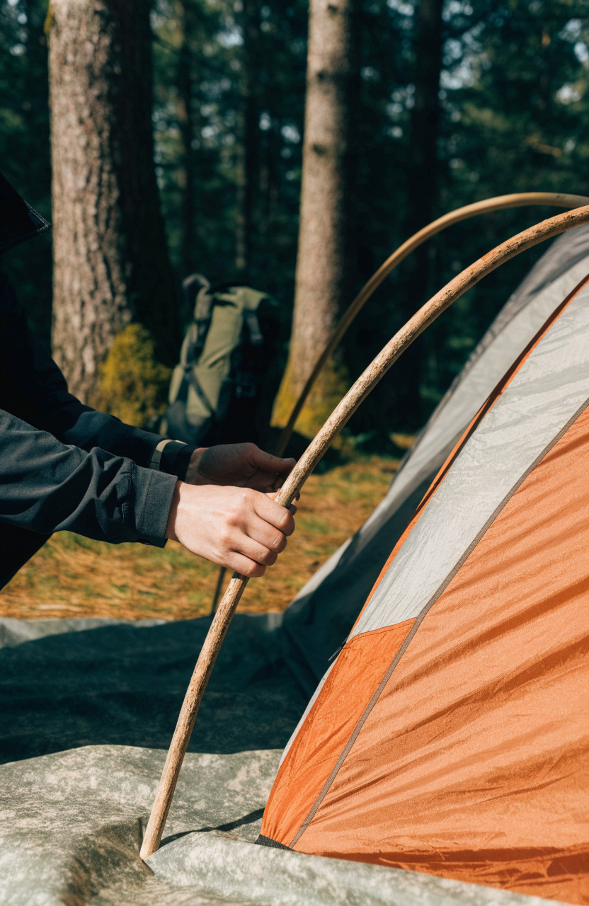 Person pitching a dome tent by inserting crossed poles at a campsite