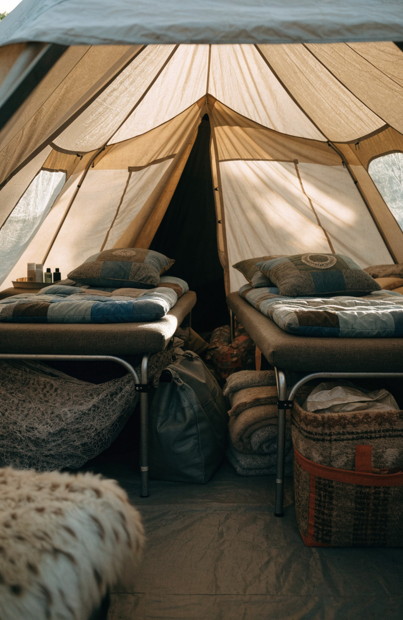 Spacious tent interior with camp cots, sleeping pads and storage bins underneath