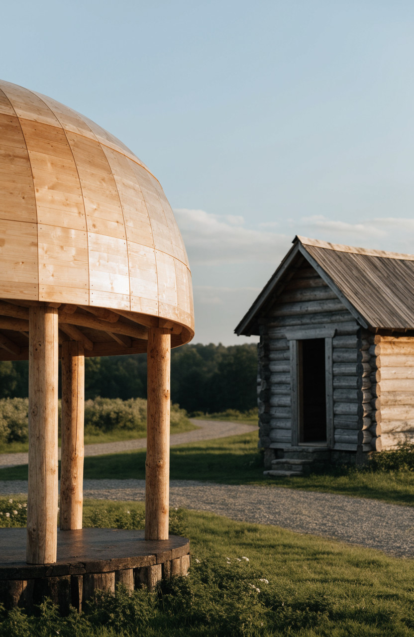 Wooden glamping pod beside small timber cabin on green campsite
