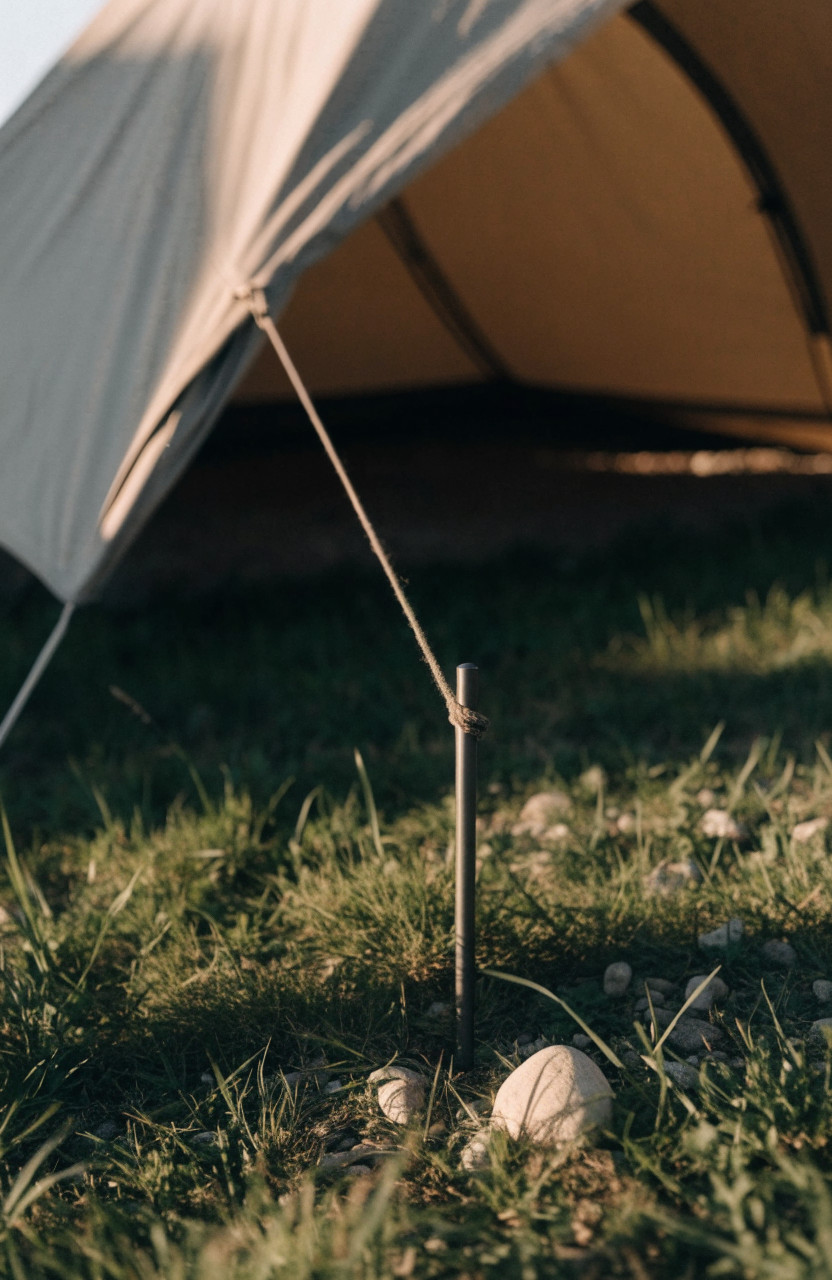 Close-up of angled tent peg with taut guy rope beside bell tent