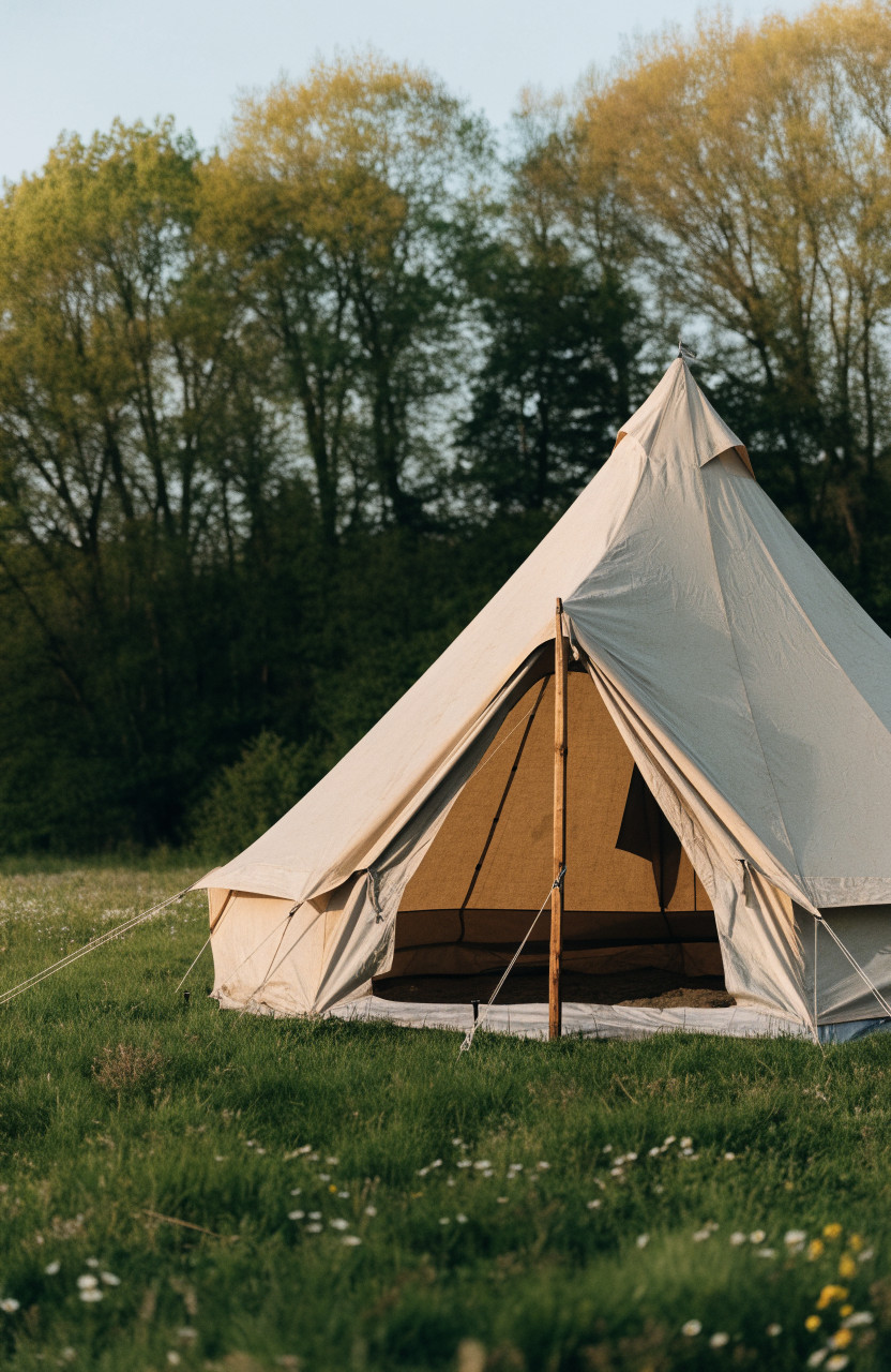 Beige bell tent being pitched with central pole and staked circular base on grass