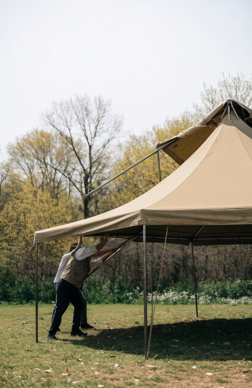 Khaki safari tent with metal poles being raised on a grass clearing