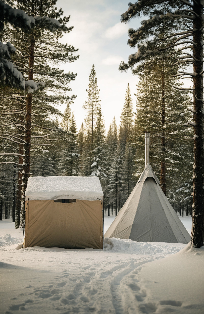 Canvas wall tent and tipi tent pitched side by side in snow