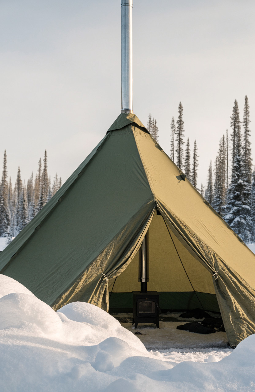 Hot tent in snow with tall chimney and open door showing stove