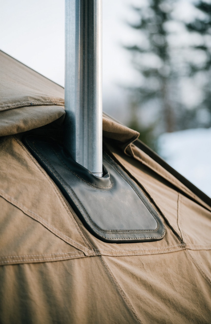Close-up of metal chimney through stove jack on tent roof