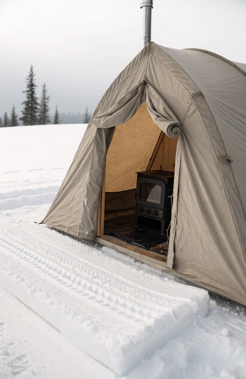 Canvas hot tent on packed snow platform with chimney above roofline