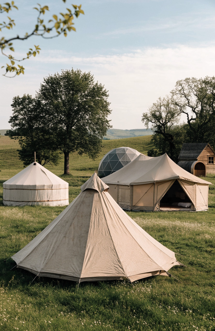 Bell tent, yurt, safari tent, dome and wooden huts on grassy field