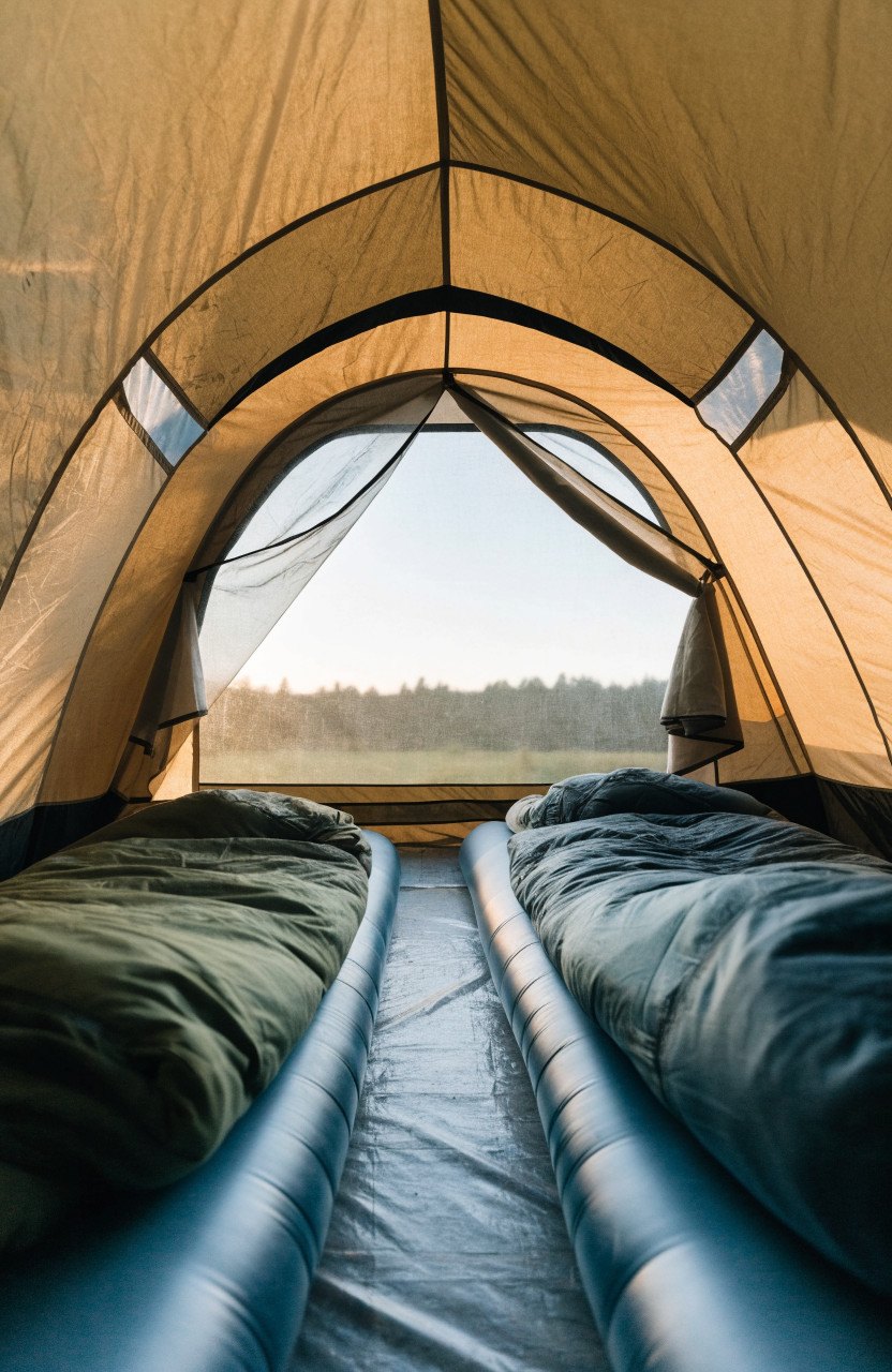 Two sleeping pads laid straight inside a tent with entrance lane clear