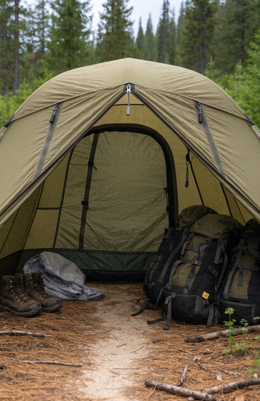Wet boots, rain gear and packs stored in tent vestibule outside