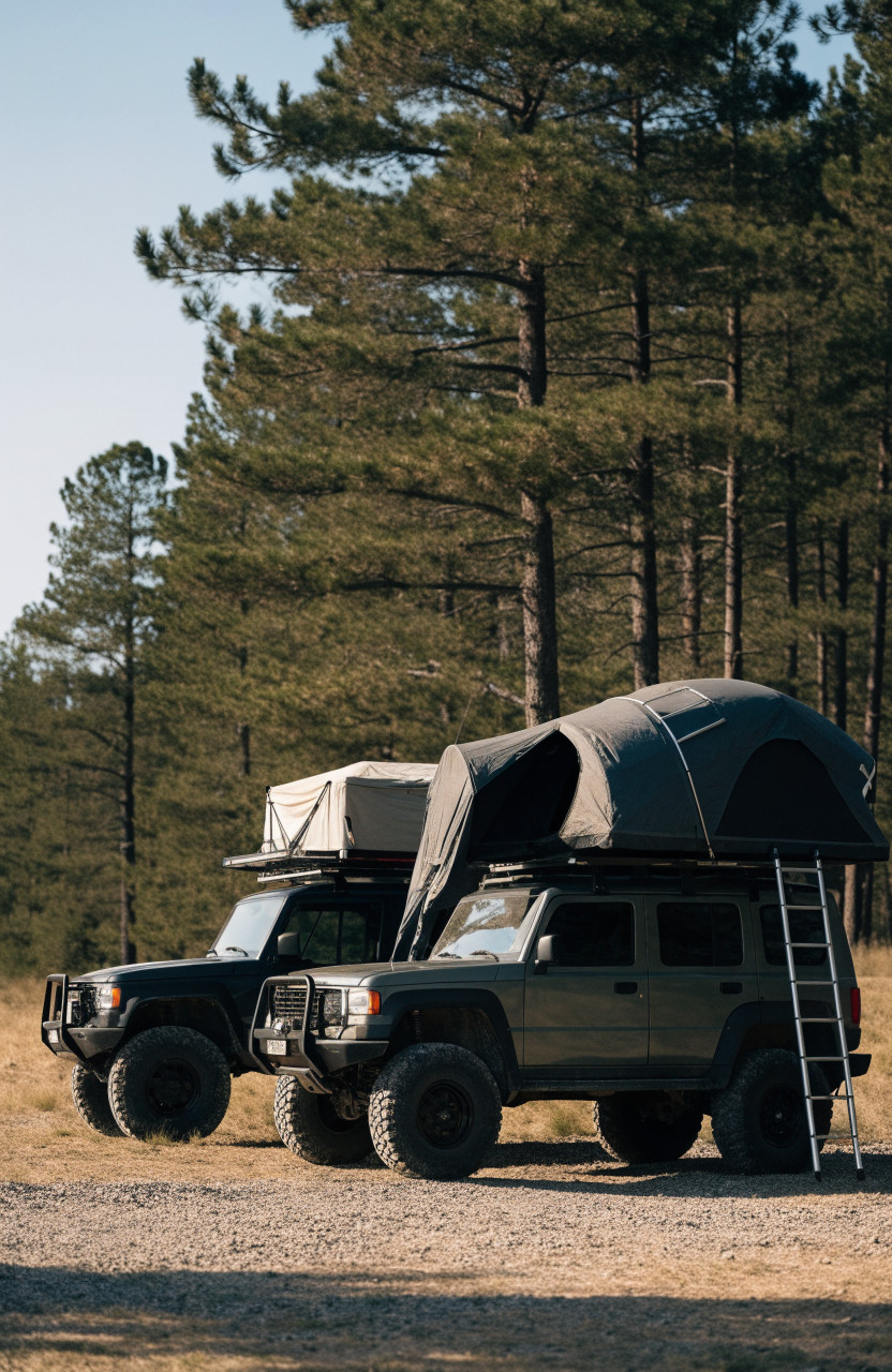 Two 4x4 vehicles at forest campsite with closed canvas tent and open wedge tent with ladder