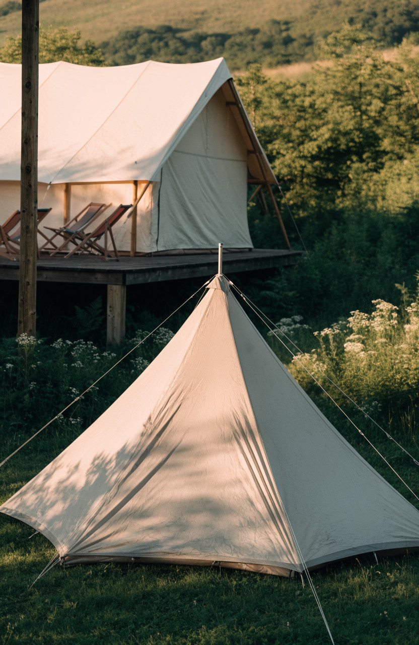Beige bell tent and safari tent on wooden platform in meadow