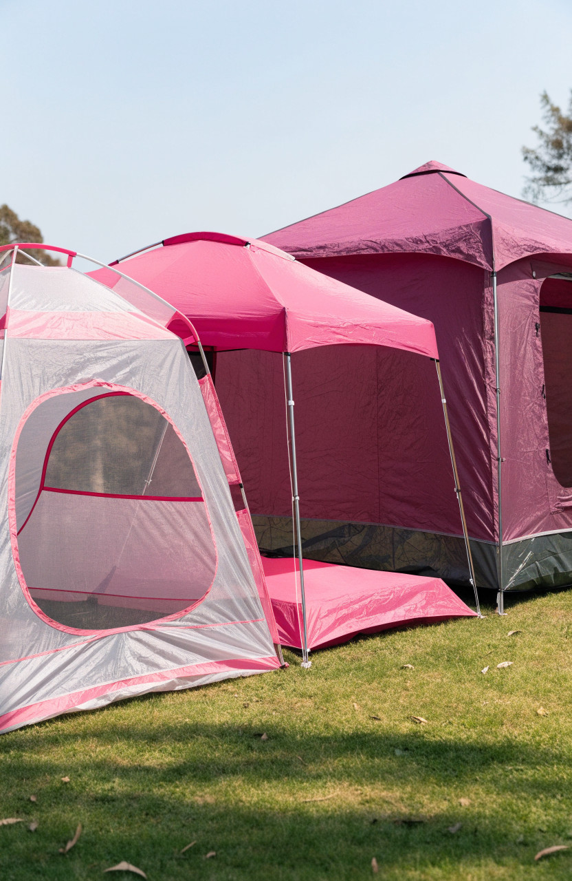 Three pink tents in a row on grass from small play tent to large camping tent