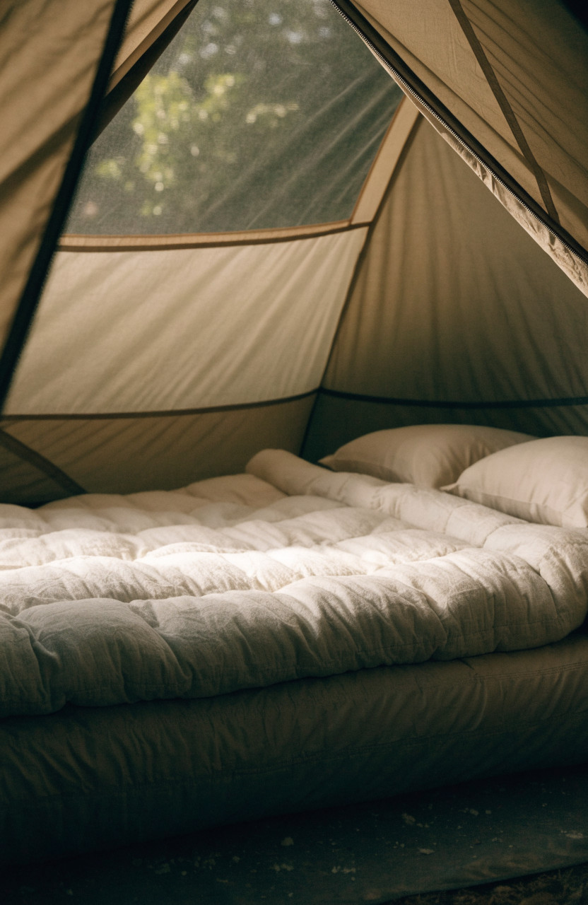 Cozy tent interior with double sleeping pad, quilt and pillows