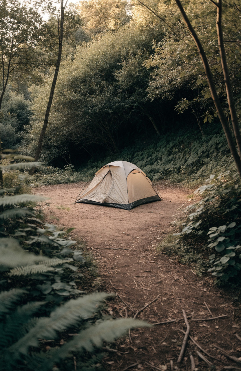 Secluded tent campsite surrounded by dense green trees for privacy
