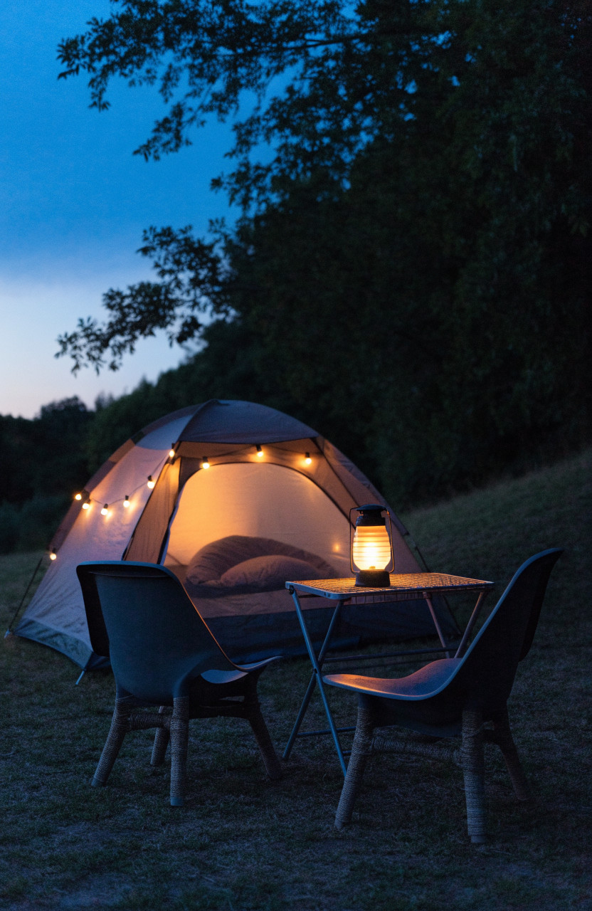 Tent campsite at dusk with warm string lights and glowing lantern